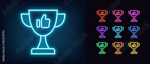Outline neon winner cup icon set. Glowing neon award cup with Thumb Up sign, esport goblet with Like hand. Cybersport reward, game achievement and award, champion trophy, victory triumph