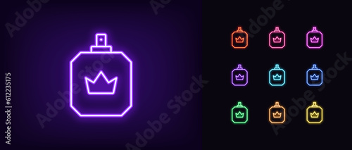 Outline neon royal perfume icon set. Glowing neon parfum bottle with crown sign, premium perfume water. King fragrance, royal flavor, luxury perfumery, parfum water, great scent and odor