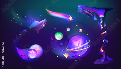 Vector cartoon fantasy illustration of cosmos, alien planet surface with shiny rocks and star. Cosmic space background with purple galaxy sky with moon and lighted crack. Computer game backdrop.