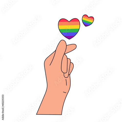 Pride LGBT symbols. Hand holds hearts in rainbow colors. Supporting love freedom. Flat vector illustration.