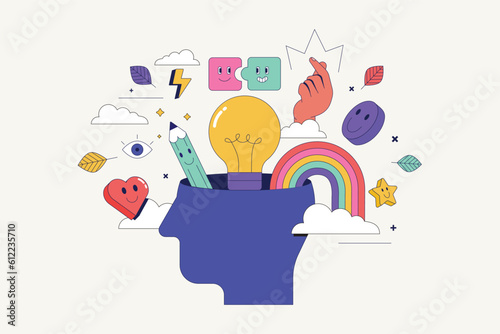 Creative mind or brainstorm or creative idea or learning concept with abstract human head silhouette with bulb lamp surrounded abstract creative shapes in bright colors. Vector illustration