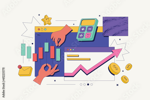 Banner of Analyzing Stock Market. Hands manages Graphs, Charts and Diagrams. Businesspersons Investing in Stocks. Stock Trading Concept. Modern Vector Illustration.