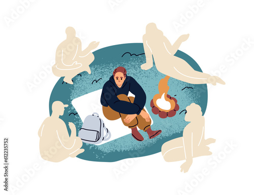 Lonely person missing left departed friends. Alone man recollecting time together with people. Friendship loss  death  memory concept. Flat graphic vector illustration isolated on white background