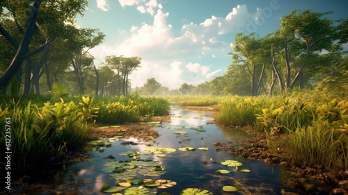Epic view of swampy jungle with warm water in summer