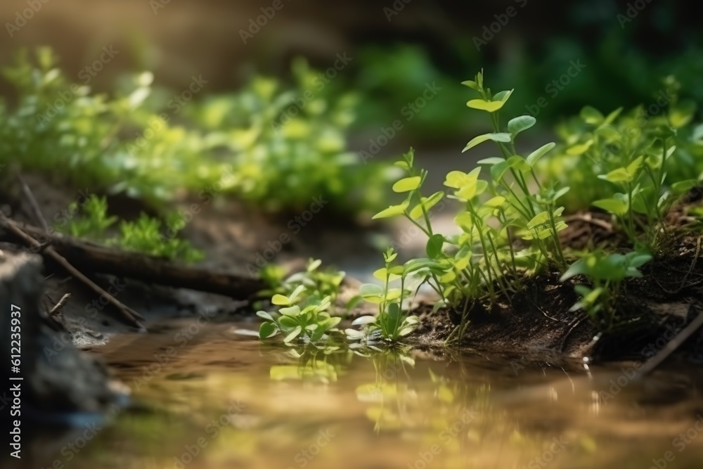 Beautiful Spring Detailed Close-up of a Freshwater Stream with Vibrant Young Green Plants. Horizontal Banner, Embracing the Essence of Springtime Beautiful Spring Detailed Close-up of a Freshwater Stream with Vibrant Young Green Plants. Horizontal Banner, Embracing the Essence of Springtime