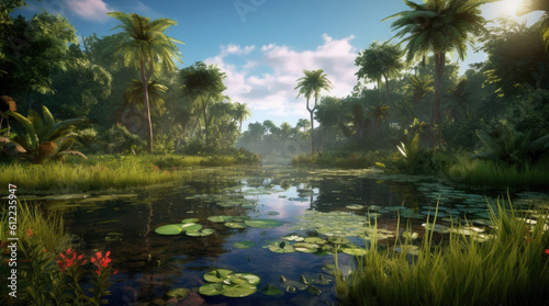 Epic view of swampy jungle with warm water in summer photo