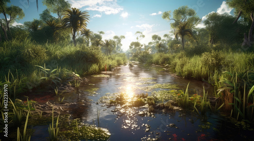 Epic view of swampy jungle with warm water in summer