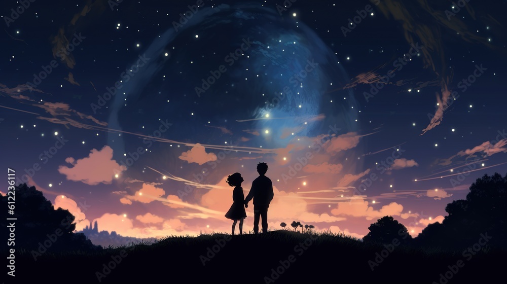 Illustration of a Girl and Boy in Silhouette, Gazing at Each Other Under the Enchanting Glow of the Moon on a Serene Night