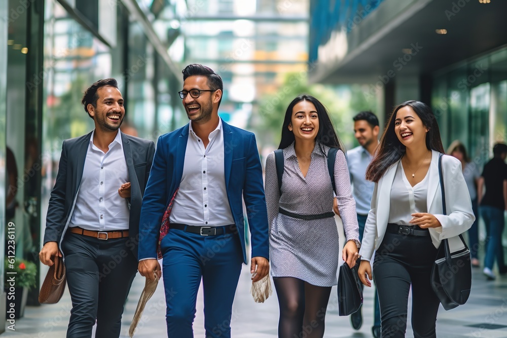 a group of business people smiling walking