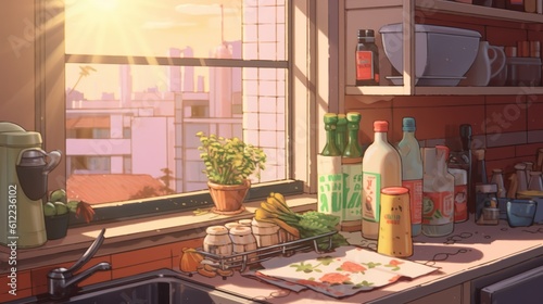 anime art style, still life of the morning sun peering through the window of a warm and cozy kitchen
