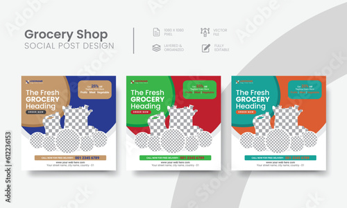 Customizable grocery shop social media post for the supermarket promotion. Professional grocery business social web banner content layout design. Vol - 04
