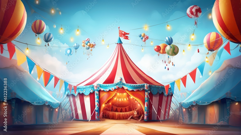 Vibrant and Colorful Background with a Circus-Themed Atmosphere, Showcasing a Striking Circus Tent and Delightful Festivities Vibrant and Colorful Background with a Circus-Themed Atmosphere, Showcasing a Striking Circus Tent and Delightful Festivities