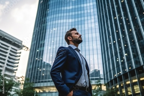 Confident Business Executive Standing in a Modern Big City, Dreaming of Future Business Success and Embracing the Power of New Goals, Business Vision, and Leadership © Yash