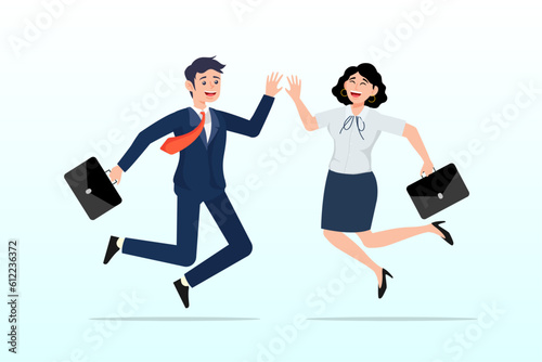 Happy businessman and woman teamwork coworkers jumping and hi five clapping hands, team success winners, hi five or congratulation on business goal achievement, collaboration concept (Vector)