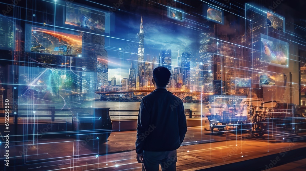 Embracing the Future, A Man Standing Tall in the Vibrant Cityscape of Tomorrow Embracing the Future, A Man Standing Tall in the Vibrant Cityscape of Tomorrow