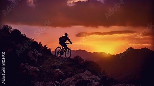 Silhouette of a man on mountain-bike, sunset view