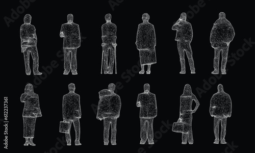 set of  people standing 3d wire frame. Vector Illustration
