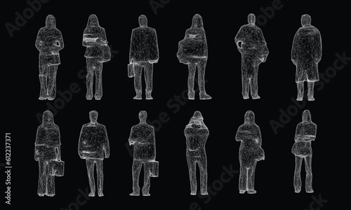 set of  people standing 3d wire frame. Vector Illustration
