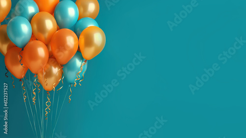 Orange and turquoise festive ballons on a turquoise background. Banner, copy space. AI generation