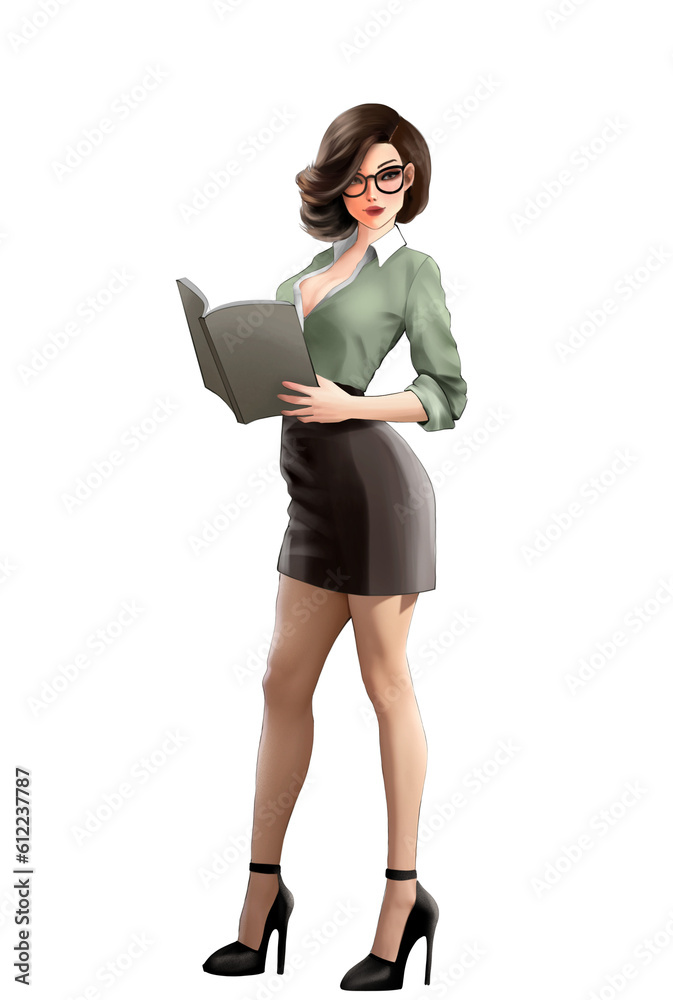 Bossy and sexy woman wearing glass and holding a book in her hand. Bossy and sexy woman wearing glass and holding a book in her hand.