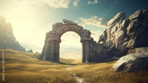 Foto Fantasy landscape with a portal archway