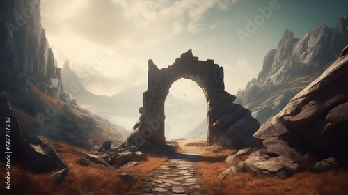 Fantasy landscape with a portal archway. Ancient magical stone gate show another dimension reality. Generative ai.