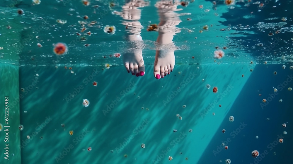 Feet of people moving under the water in the pool. Children legs. Summer. Funny underwater legs in swimming pool, under water view of child or kids, vacation and sport. Down view. Generative ai.