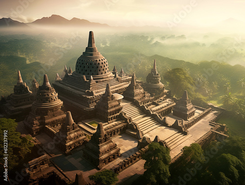 Morning view in a temple with a fog