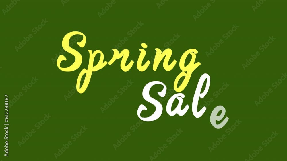 Animated spring sale words. Discount advertising. Promotion offer. Low prices. Looped 4K text video template on green with alpha channel. Kinetic typography animation. Motion inscription for web