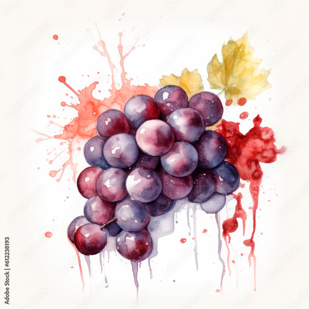 Vine painted in watercolor. For wine or grape juice label. Generative AI.