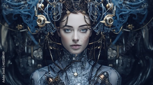 Robot girl with realistic face and metal mechanisms close-up. AI generation