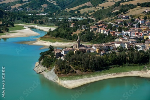 Landscape with lake in Sassocorvaro village, Marche region in central Italy