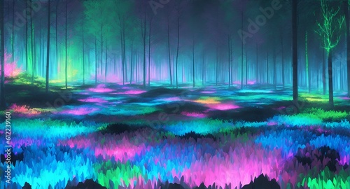 Neon Forest with Flowers and Trees - AI Generated photo