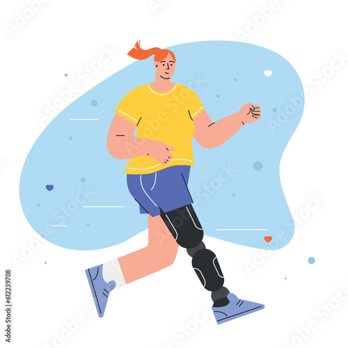 World disabled day. International Day of Persons with Disabilities. A girl with a prosthetic leg is running. vector illustration. for web, infographics, mobile. Flat character in isolated background