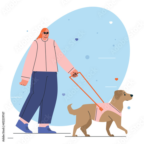 Woman with a guide dog walking. Person who is visually impaired or blind person with seeing-eye labrador. Isolated flat vector illustrationWorld Disability Day. People with Disabilities. Vector