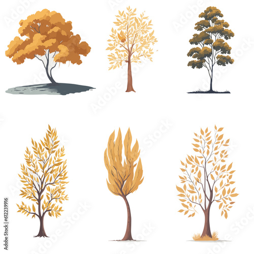  Minimal style tree painting hand drawn. Autumn tree watercolor vector illustration. Set of graphics trees elements drawing for architecture and landscape design. White background
