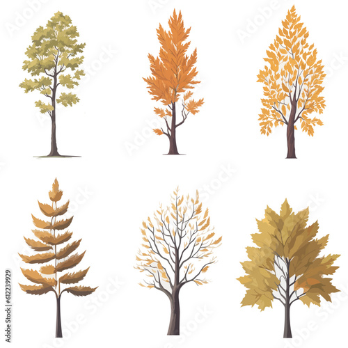  Minimal style tree painting hand drawn. Autumn tree watercolor vector illustration. Set of graphics trees elements drawing for architecture and landscape design. White background