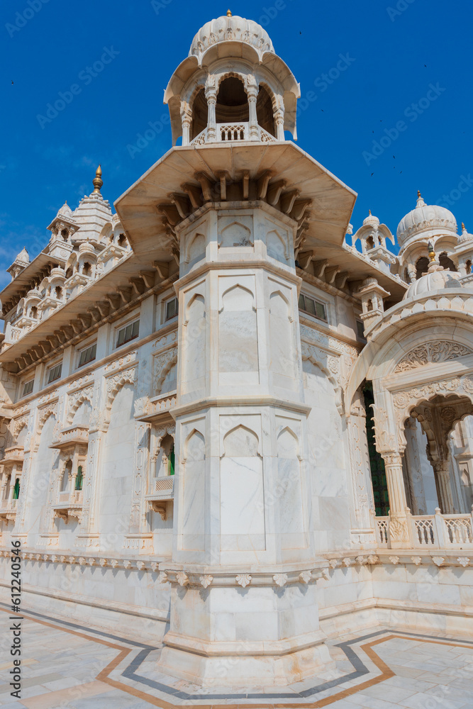 Beautiful view of Jaswant Thada cenotaph, Jodhpur, Rajasthan, India. Built out of intricately carved sheets of Makrana marble, they emit a warm glow when illuminated by the Sun. Blue sky background.