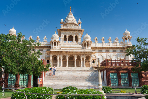 Beautiful view of Jaswant Thada cenotaph, Jodhpur, Rajasthan, India. Built out of intricately carved sheets of Makrana marble, they emit a warm glow when illuminated by the Sun. Blue sky background.