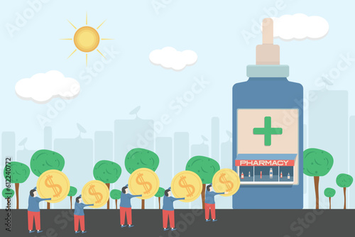 Fototapeta Naklejka Na Ścianę i Meble -  Vector image drugstore Packer pill bottle form with peoples line. Facade of pharmacy store with clients in queue on sky background. Drugstore house with trees