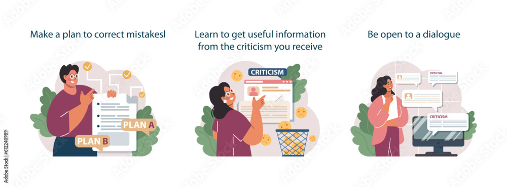 Obraz premium How to deal with judgement at work set. Employee dealing with pressure