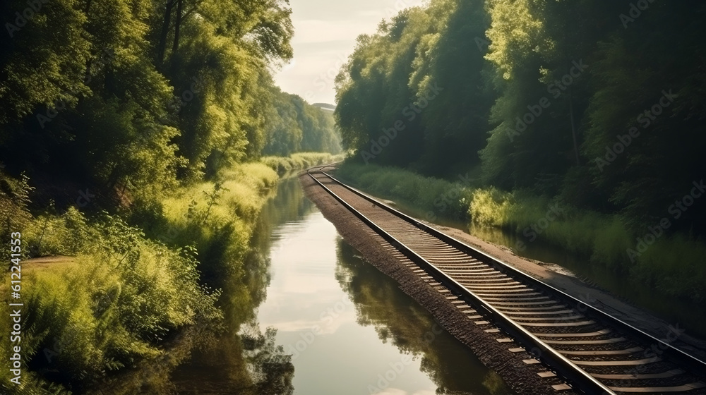 Forest trees and river along a railroad on an summer afternoon. Train tracks travel concept. Generative ai.