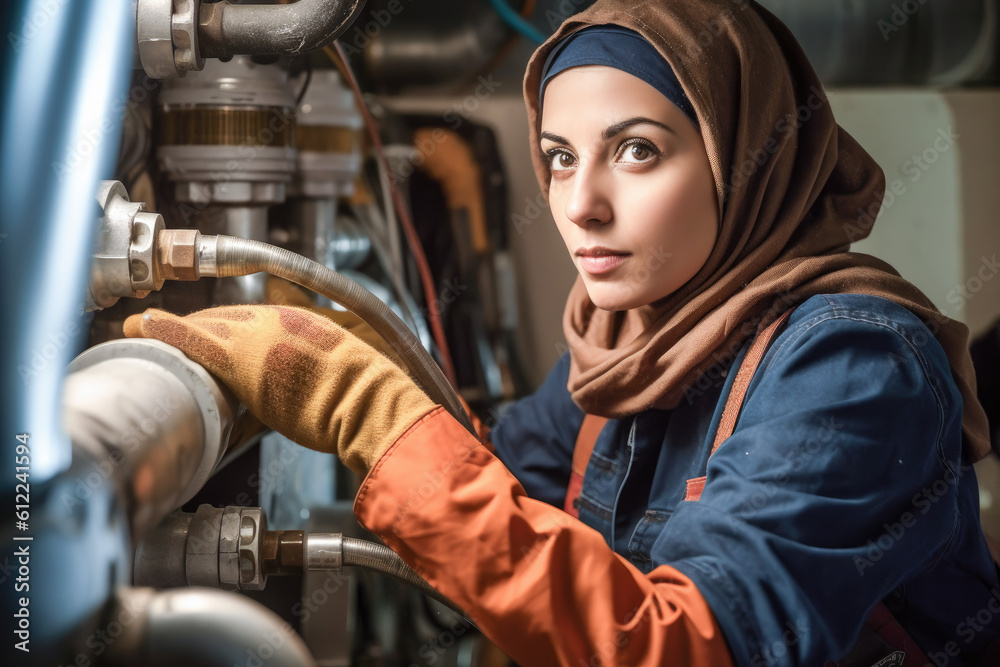 A young female muslim plumber working to fix a problem in a house. Generative AI. 