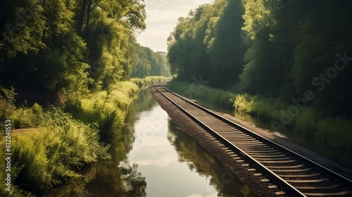 Forest trees and river along a railroad on an summer afternoon. Train tracks travel concept. Generative ai.