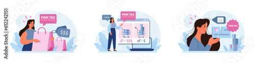 Pink tax concept set. Gender based price discrimination. Higher price