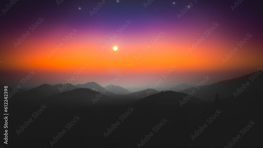 Colorful Otherworldly Sunset with Small Spacecraft on Hill in Distance