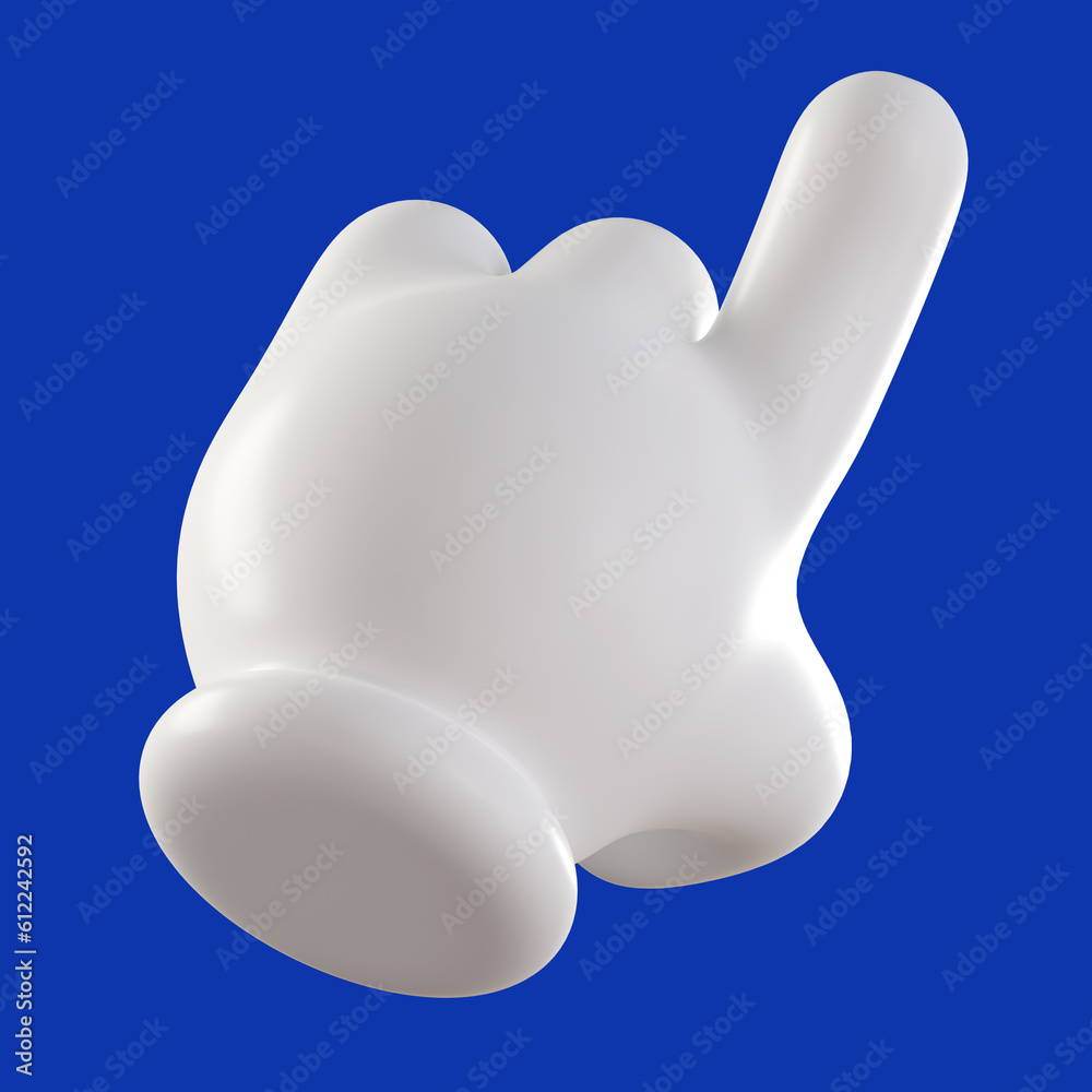 3D touch or click icon. Cartoon character hand in white glove pointing or pushing gesture. 3d rendered element for presentations, banners, web 3D touch or click icon. Cartoon character hand in white glove pointing or pushing gesture. 3d rendered element for presentations, banners, web