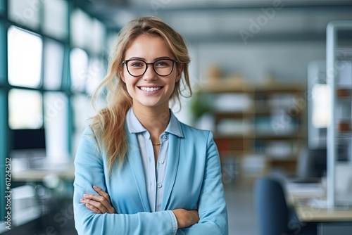 photo business woman posing in suit at office