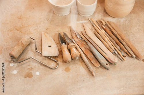 Pottery tools. Close up view of the table with instruments