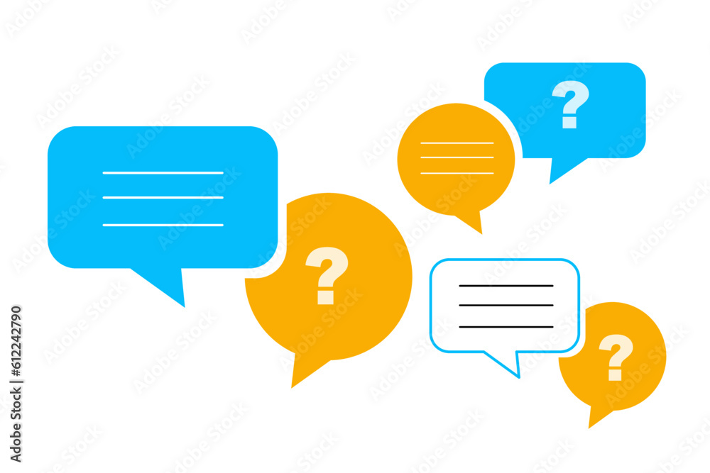 White question mark and answer on blue and orange speech bubble chat on white background for communication, customer feedback concept White question mark and answer on blue and orange speech bubble chat on white background for communication, customer feedback concept